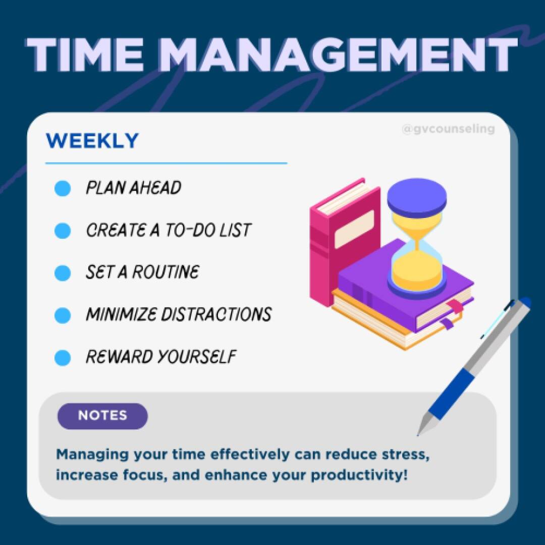Graphic with a list of weekly tips: plan ahead, use a to-do list, set a routine, minimize distractions, reward yourself. An hourglass, pen, and books.
